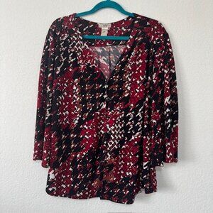 Ivy Ridge Multicolor  Red Button up Vneck Long Sleeve Blouse Womens Size XL EUC